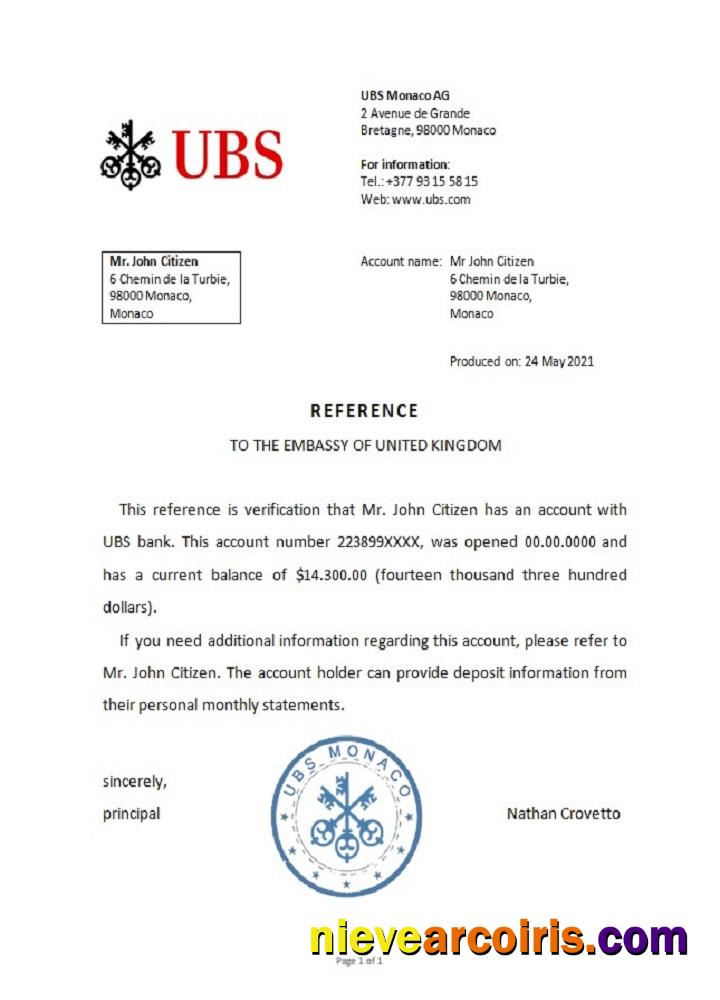 Monaco UBS bank reference